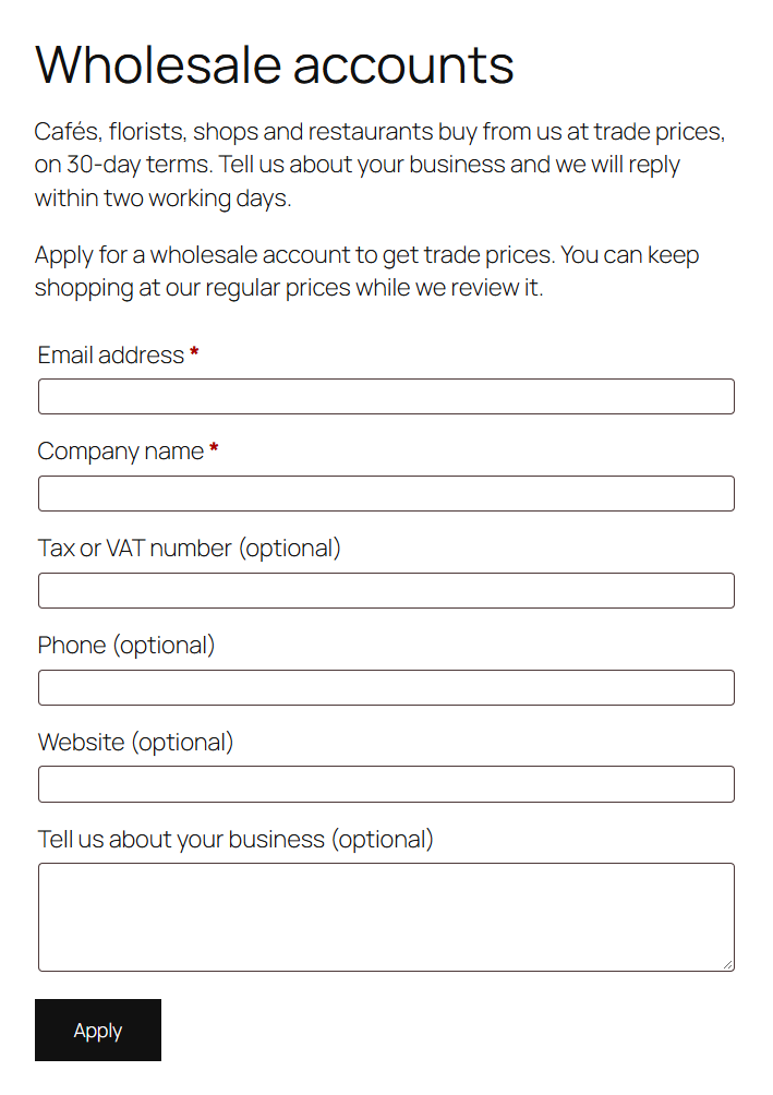 The application page as a visitor sees it: an email address, the company name and the other questions you ticked