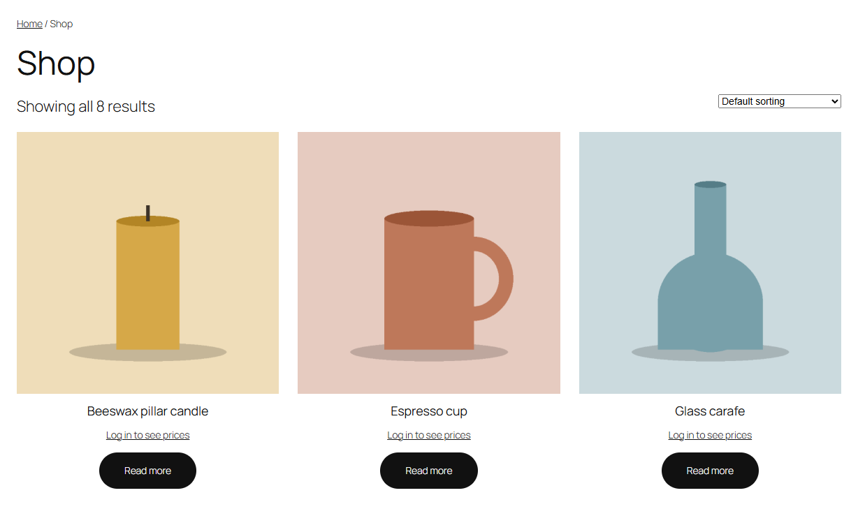 The shop as a guest sees it with prices hidden: each product shows a "Log in to see prices" link and a Read more button