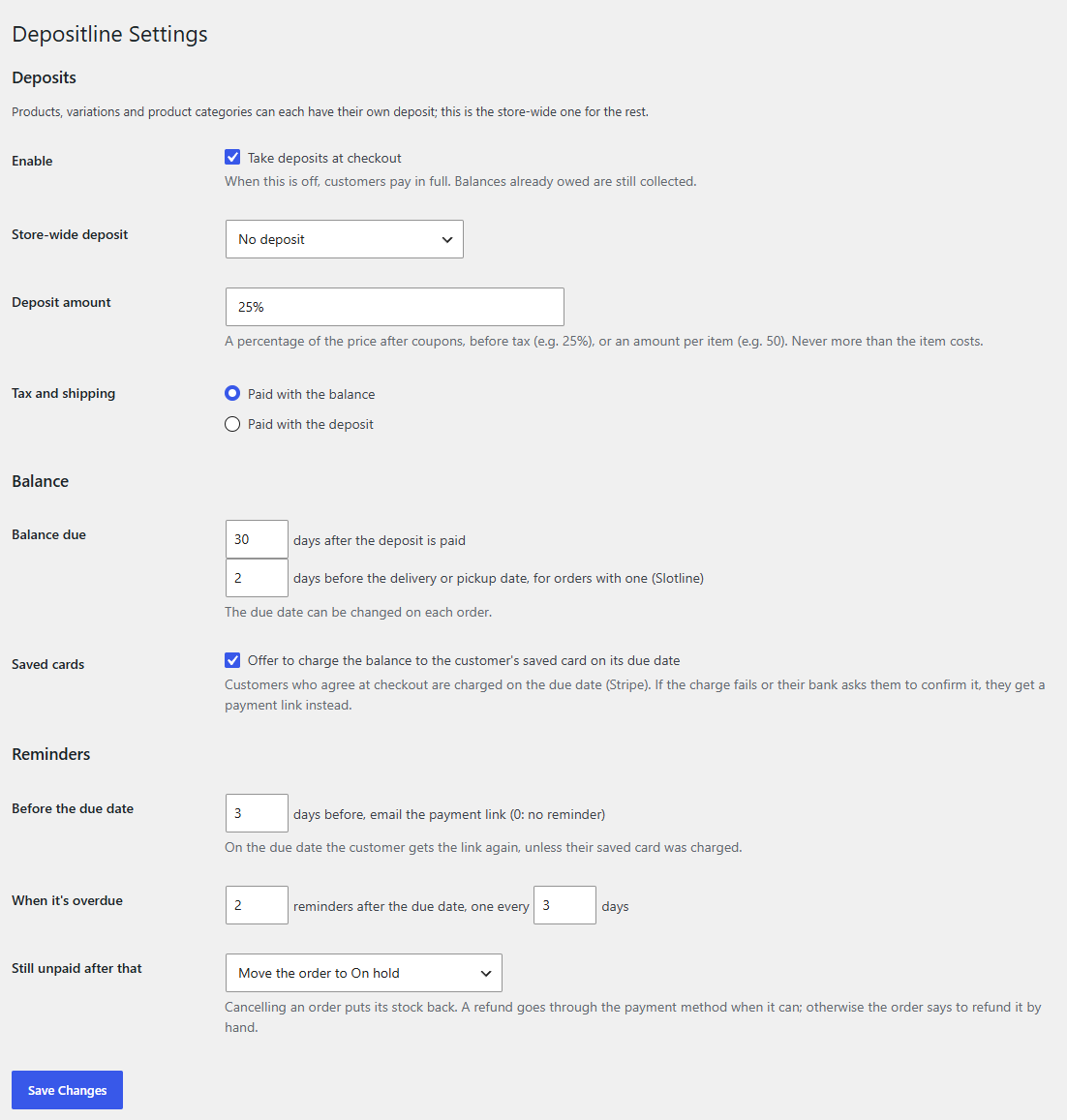 The Depositline settings screen, with the Deposits, Balance and Reminders sections and the Save Changes button