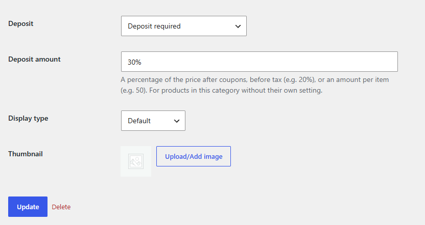 The Deposit and Deposit amount fields on a product category's edit screen, above the Update button
