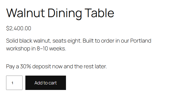 A product page with the deposit line just above the Add to cart button