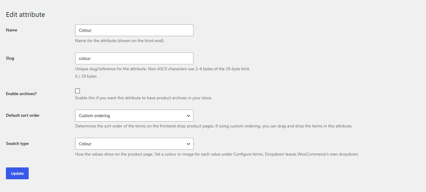 The Edit attribute screen with the Swatch type field set to Colour