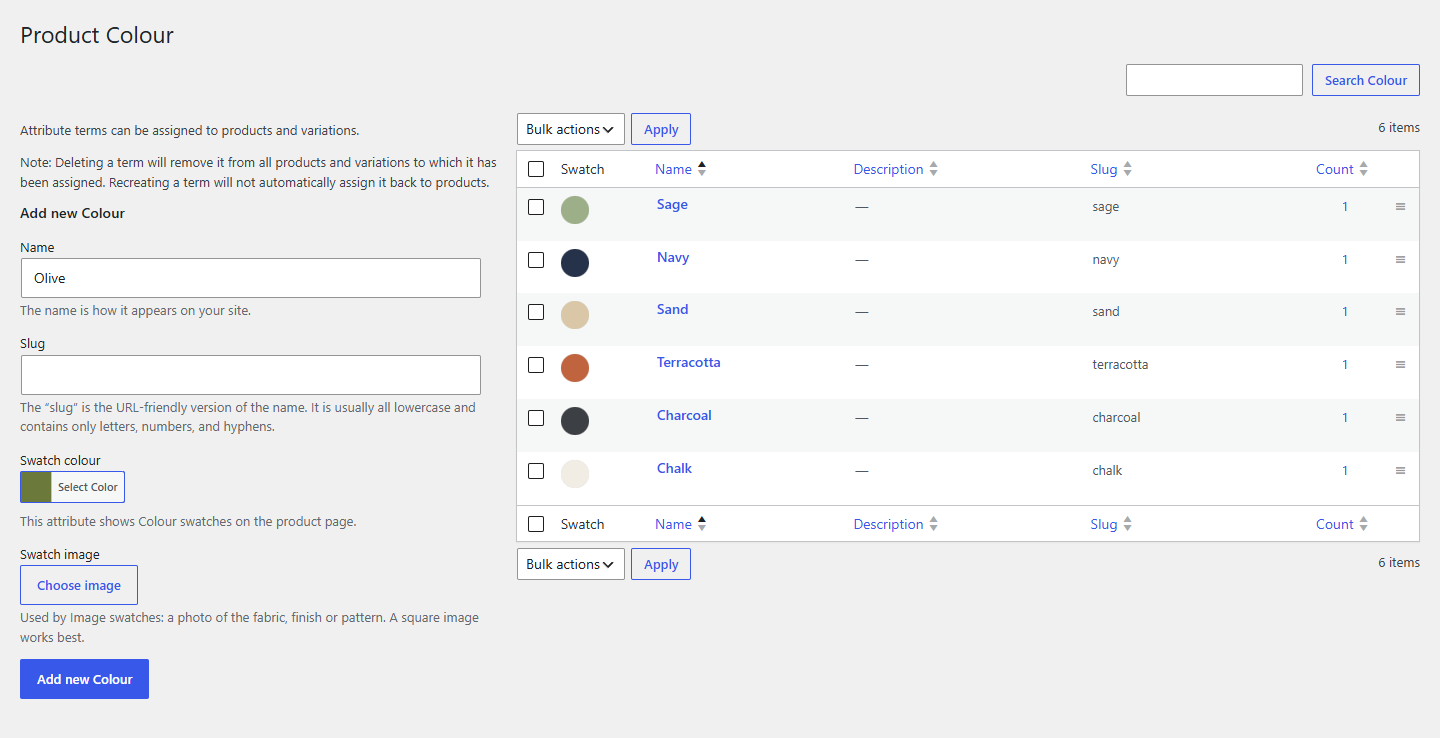 The Configure terms screen with Swatch colour and Swatch image on the left and the Swatch column in the list