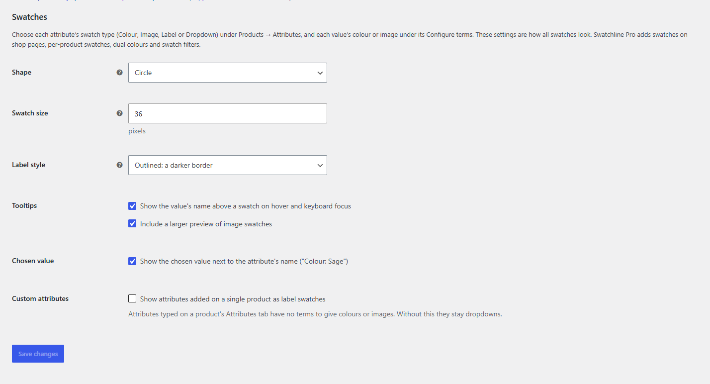 The Swatches settings with Shape, Swatch size, Label style, Tooltips, Chosen value and Custom attributes