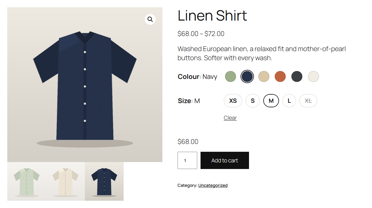 A product page with colour swatches, the chosen colour next to its name, size buttons and a sold-out size crossed out