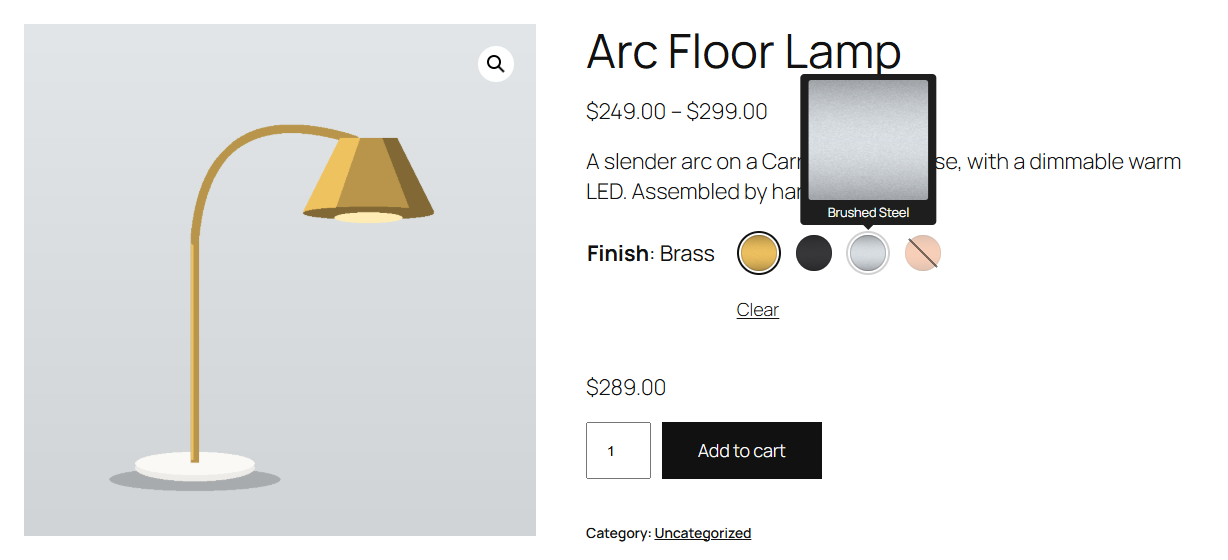 Image swatches for a product's finishes, with a larger preview above one of them