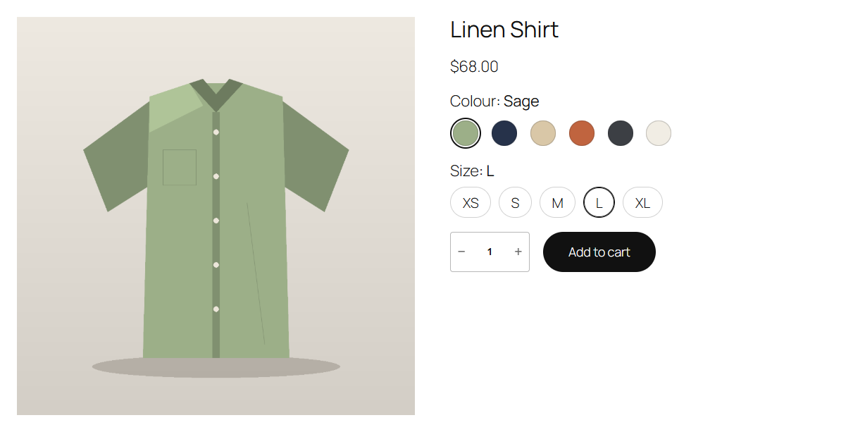 The Add to Cart + Options block in a block theme, with colour and size swatches in place of its text chips