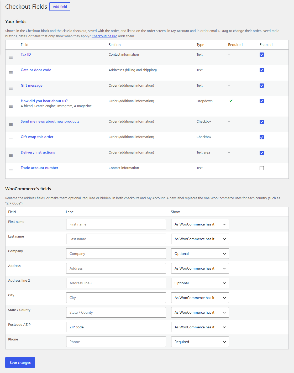 WooCommerce's fields at the bottom of the Checkout Fields screen