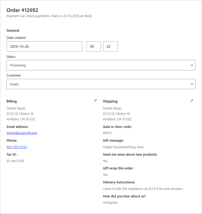 Answers on the order screen
