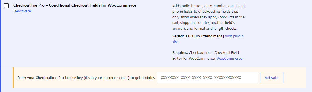 The license box under Checkoutline Pro on the Plugins screen