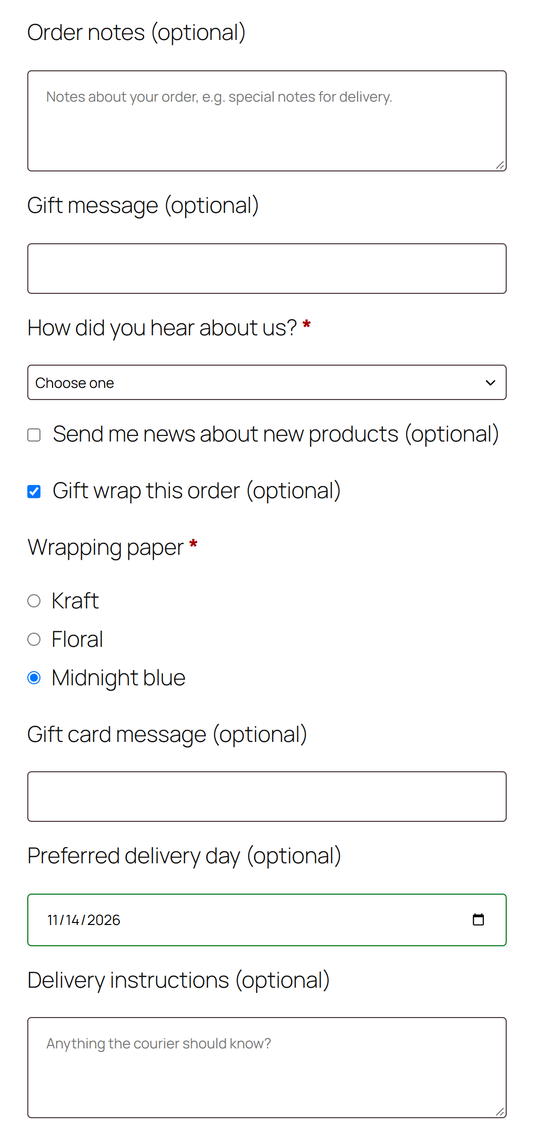 Radio buttons and a date picker in the classic checkout