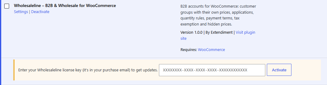 Enter the license key from your purchase email under Wholesaleline on the Plugins screen to get updates.