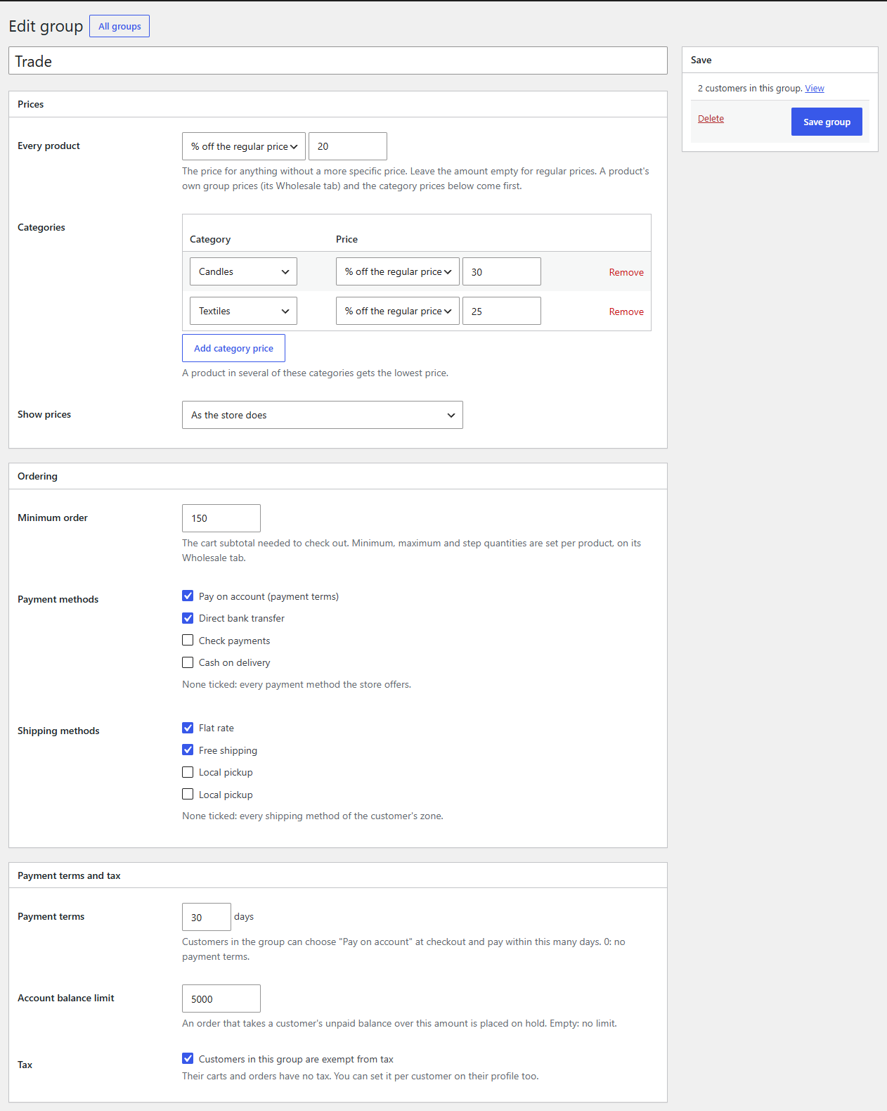 A customer group: a store-wide price, prices per category, how prices show, a minimum order, the payment and shipping methods it may use, payment terms with an account balance limit, and tax exemption.