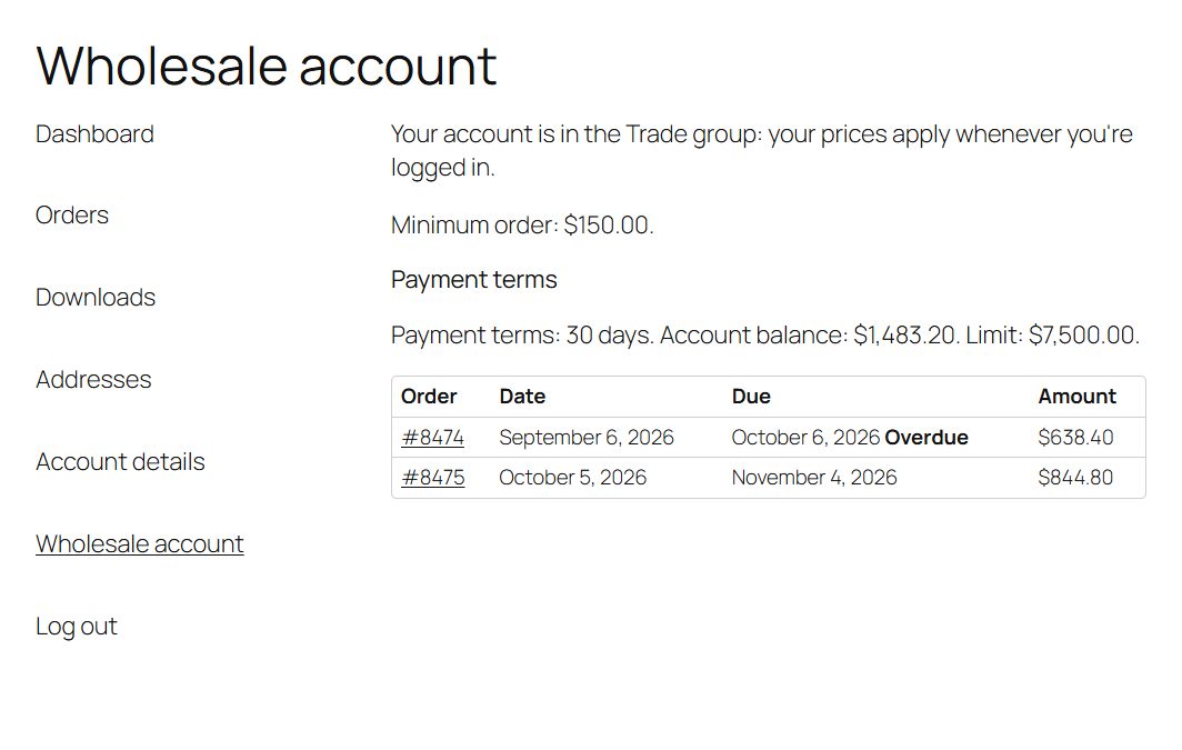 Under My Account, customers see their group, minimum order, payment terms, account balance and the orders still to pay, with any that are overdue.