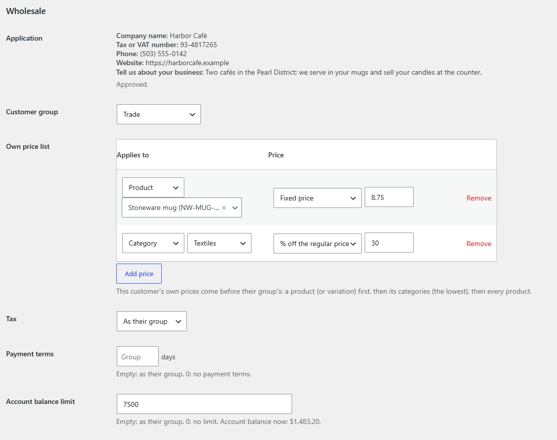 On a customer's profile: their group, their application, a price list of their own, and their own tax, payment terms and balance limit.