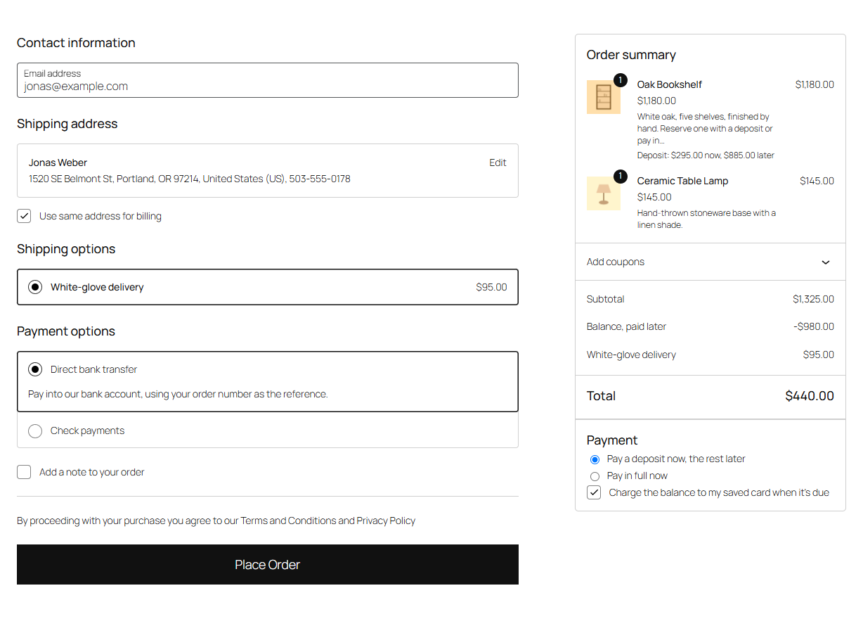 The Checkout block: choose a deposit or pay in full, see what's paid now and later, and have the balance charged to a saved card when it's due.