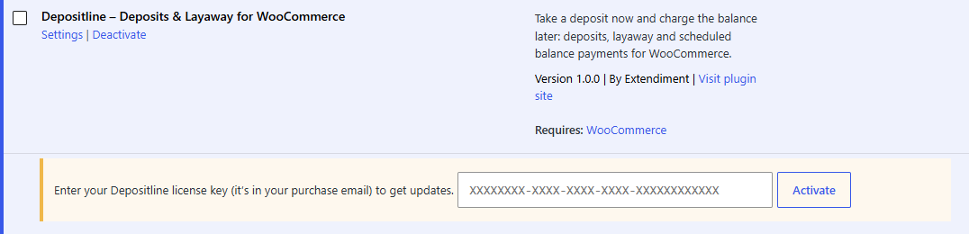 Enter the license key from your purchase email under Depositline on the Plugins screen to get updates.