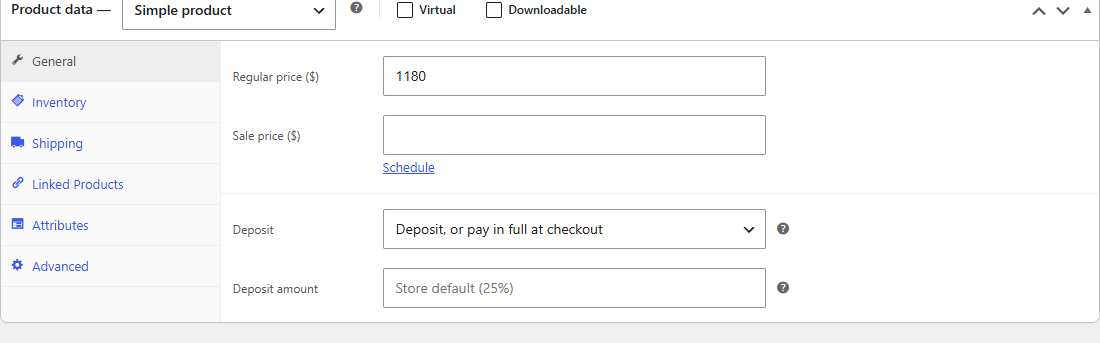 Deposit settings on a product's General tab: no deposit, optional or required, and the amount.