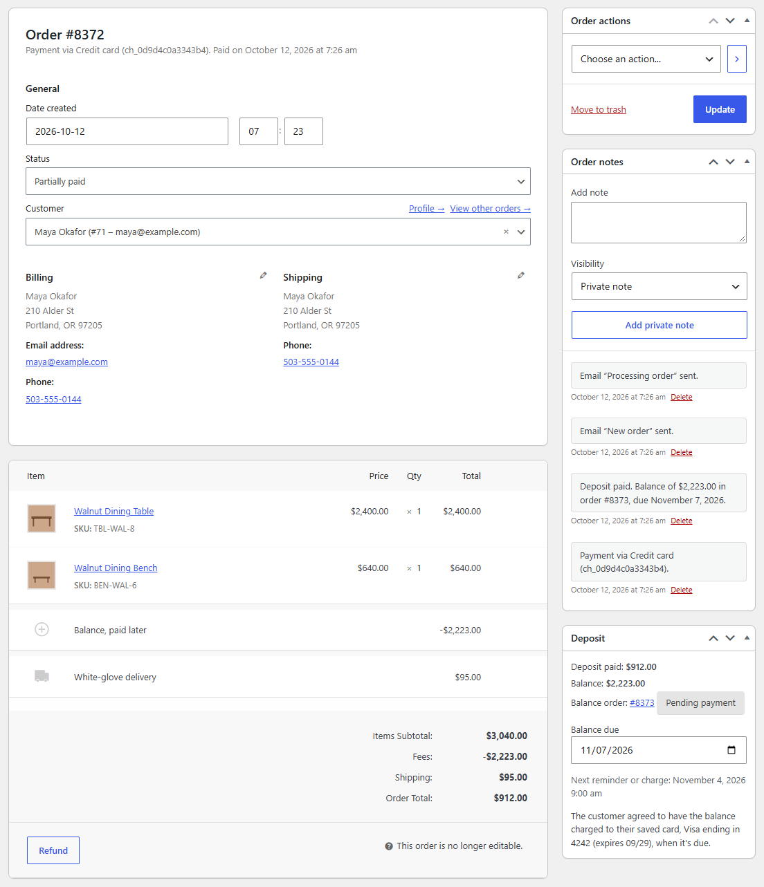 The order screen: the deposit paid, the balance order and its due date, which you can move.