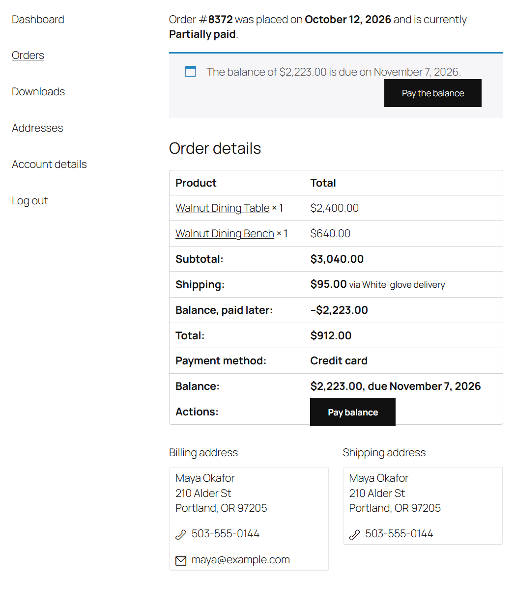 My Account: customers see the balance and its due date, and pay it with one click.