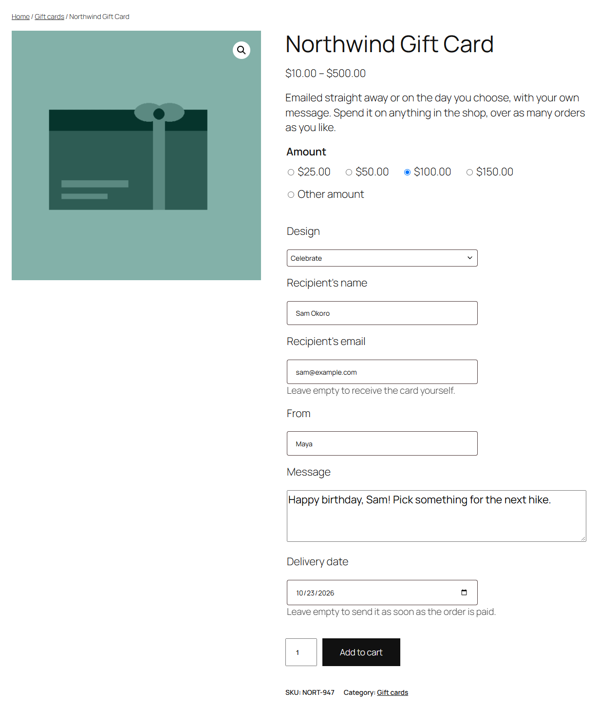 The gift card product page
