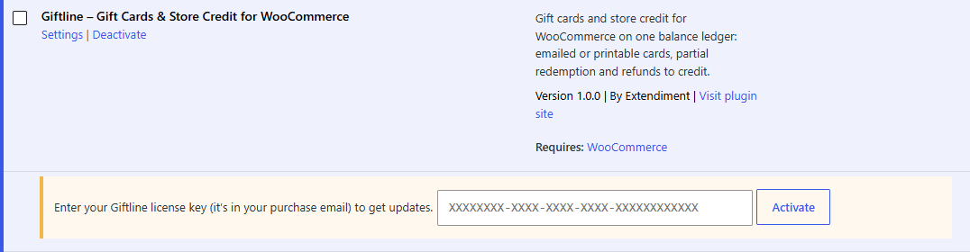 The license box under Giftline on the Plugins screen