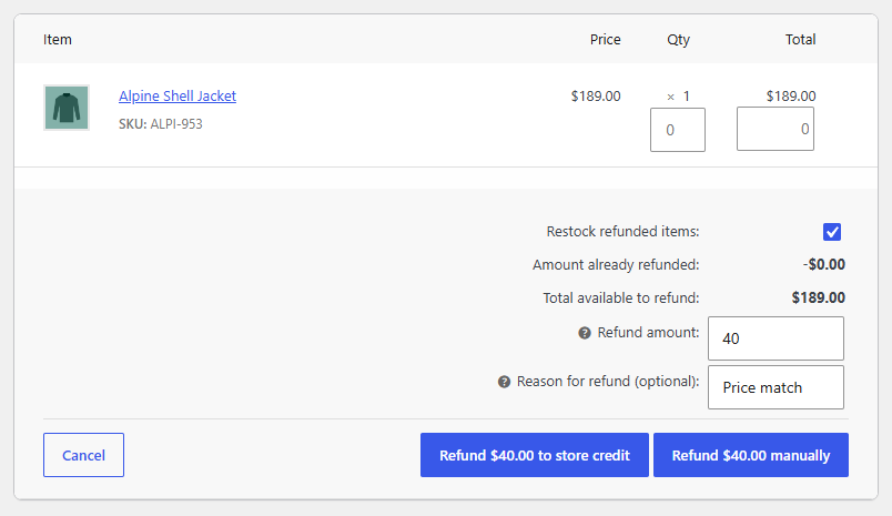 Refund an order to store credit