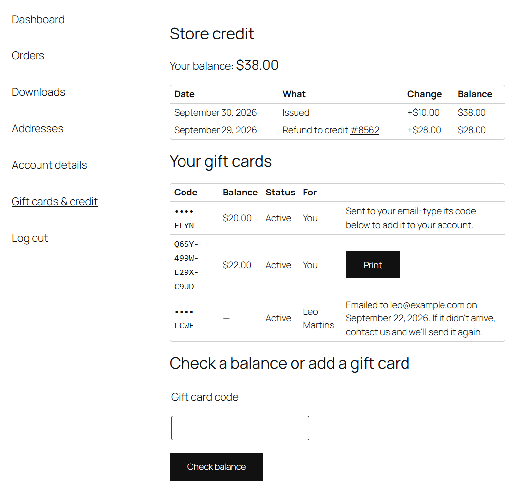 My Account → Gift cards & credit