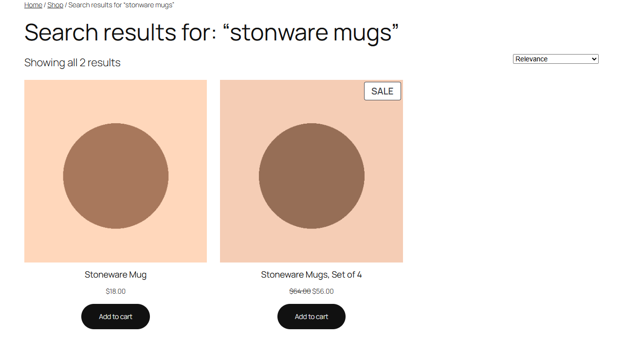 Typos and plurals still find the right products: "stonware mugs" finds the stoneware mugs.