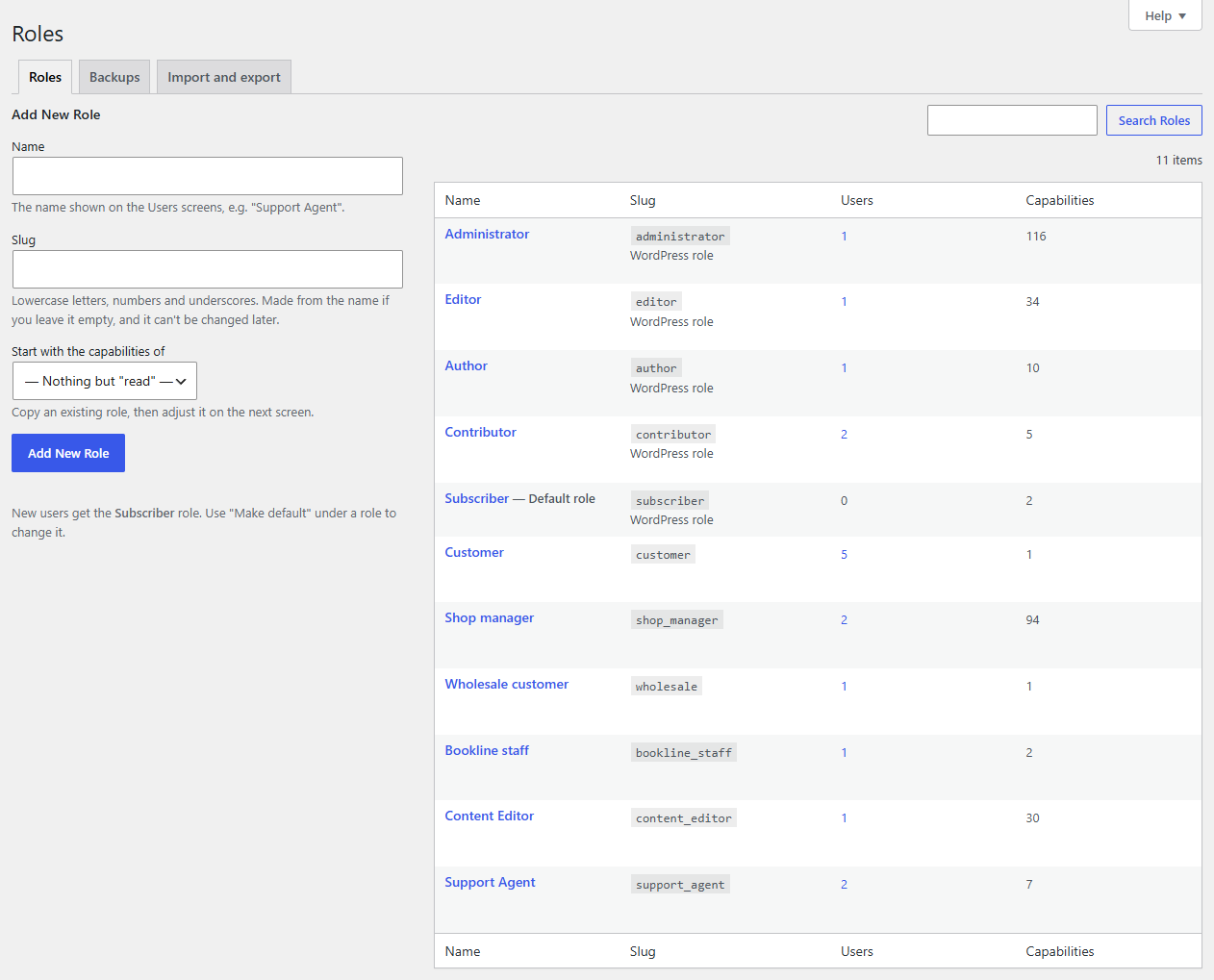 Users → Roles: every role, and Add New Role beside them