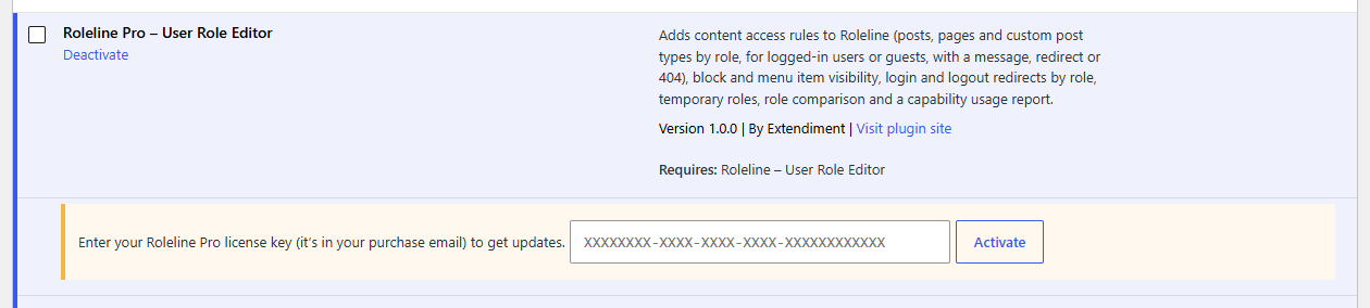 The license box under Roleline Pro on the Plugins screen
