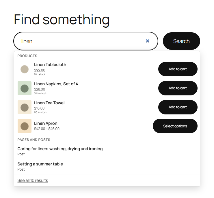 Results while you type: products with their price, stock and an add to cart button, then pages and posts.