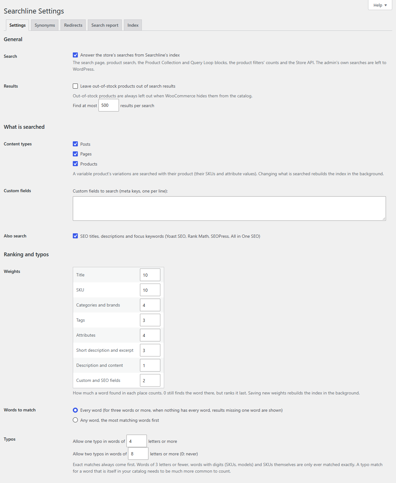 Choose what is searched (products, pages, posts, custom and SEO fields), how much each field counts and how many typos are allowed.