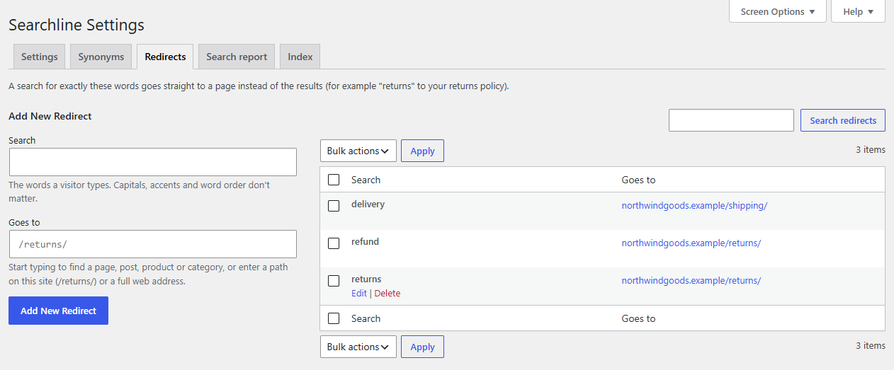 Redirects: a search for "returns" goes straight to the returns page, and every redirect can be edited or deleted from the list.