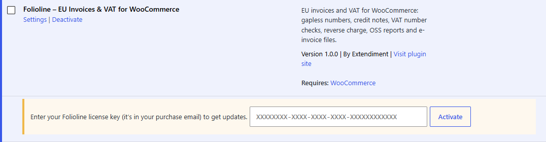 The license box under Folioline on the Plugins screen