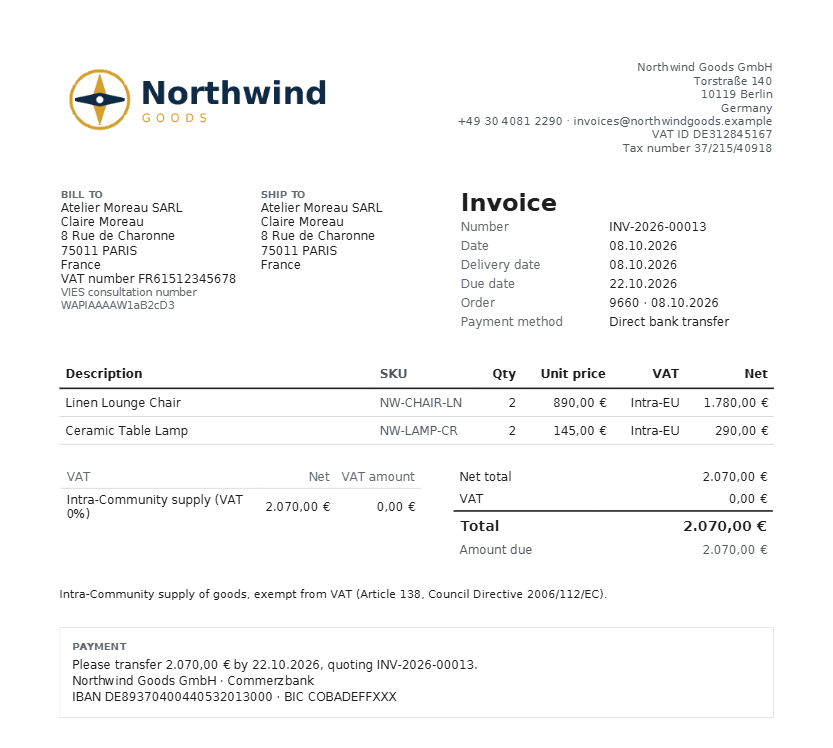 An invoice for a business customer in another EU country
