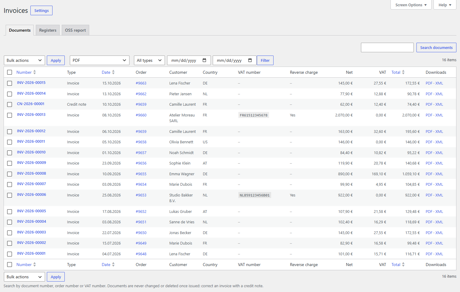 WooCommerce → Invoices