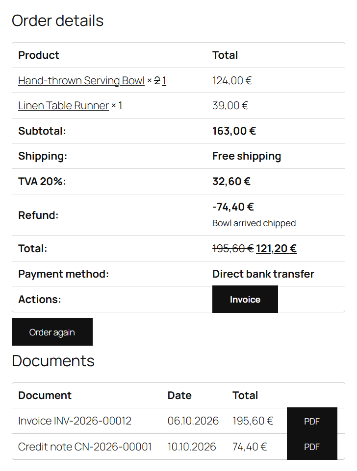 An order's documents in My Account
