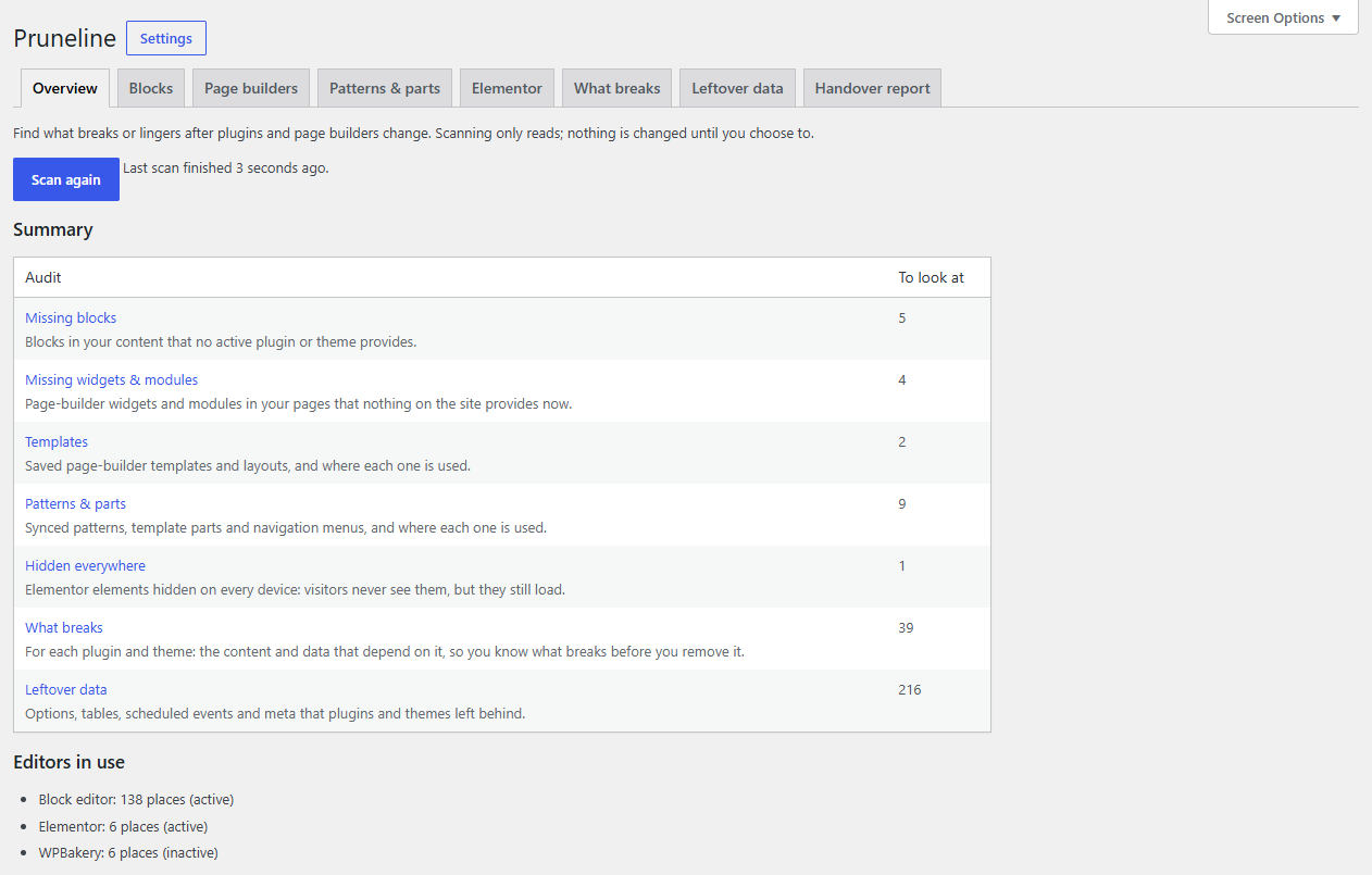 Tools → Pruneline: scan the site, then see how many items each list has to look at, and which editors and page builders your pages use.