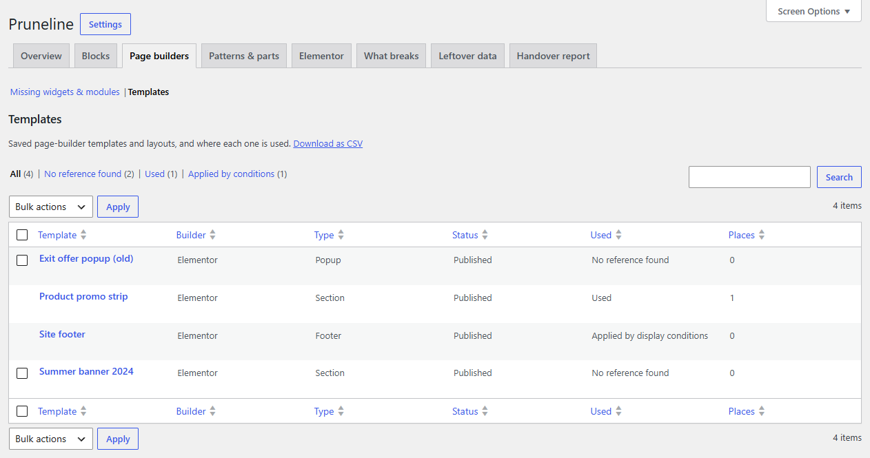 Page builders: saved templates and where each one is used, applied by display conditions, or with no reference found.