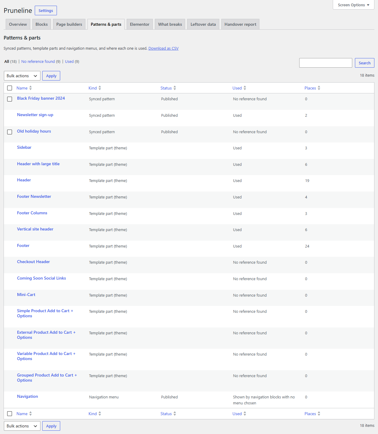 Patterns & parts: synced patterns, template parts and navigation menus, and where each one is used.