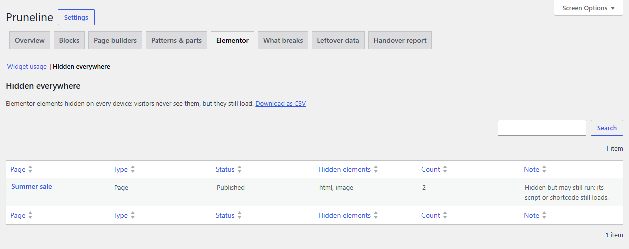 Elementor: elements hidden on every device, with a note when their script or shortcode may still run.