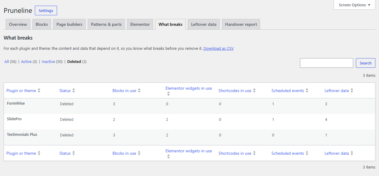What breaks: for each plugin and theme, the blocks, widgets, shortcodes, scheduled events and leftover data that depend on it.