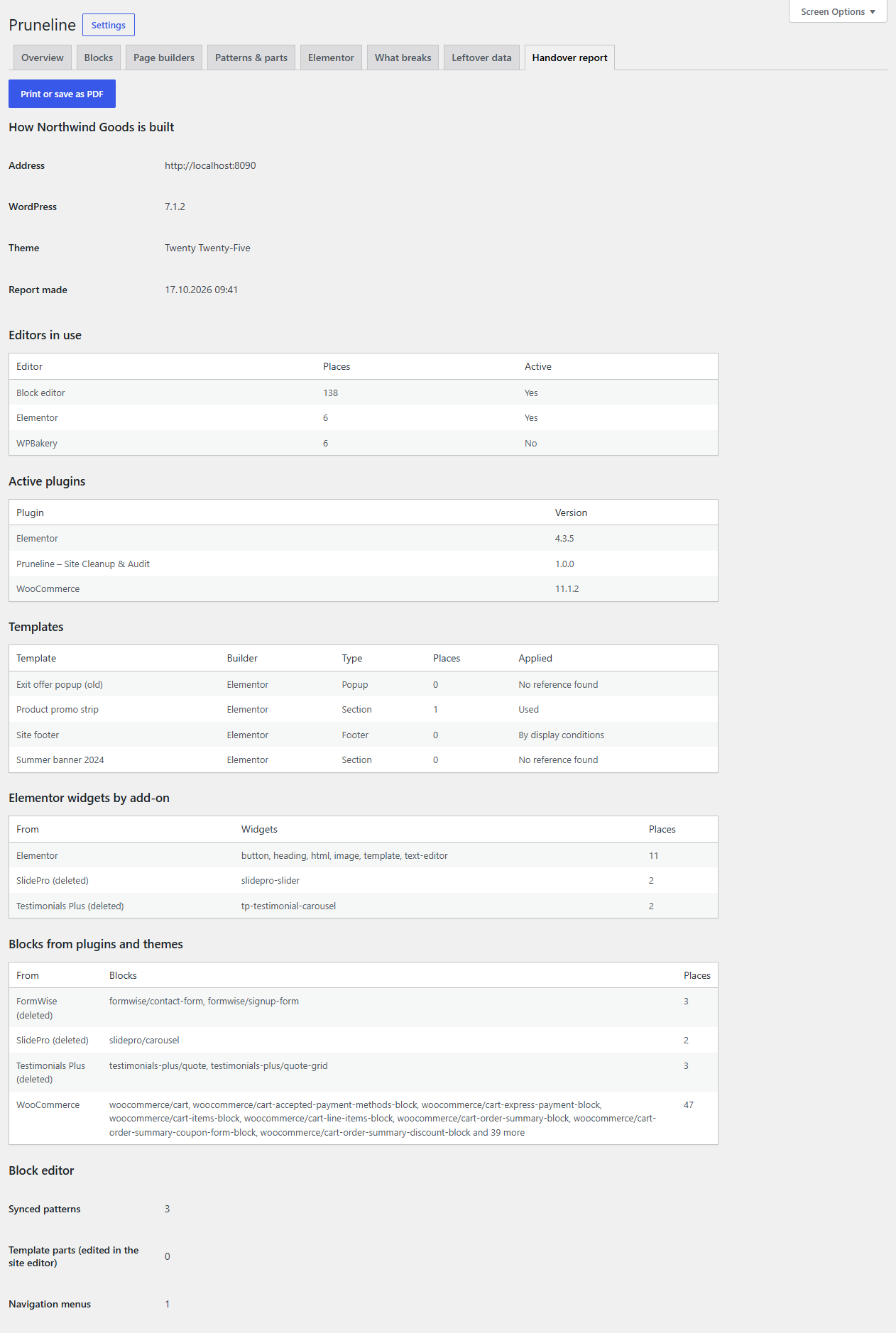 The handover report: how the site is built, ready to print or save as PDF.