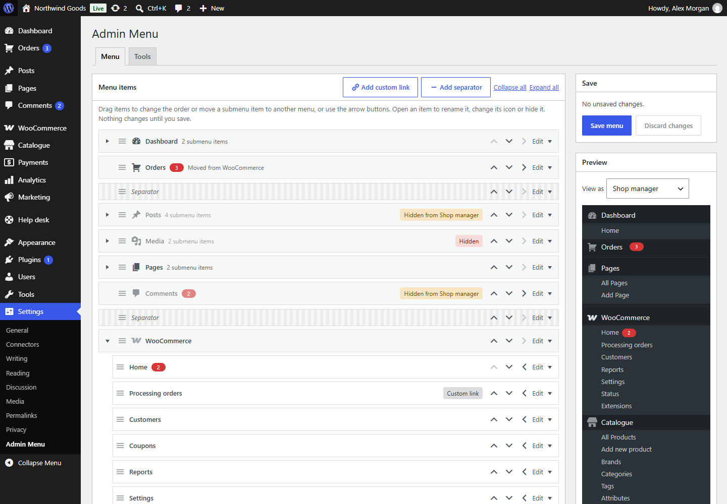 The menu editor, with the preview as a Shop Manager