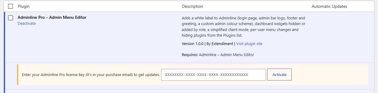 The license box under Adminline Pro on the Plugins screen