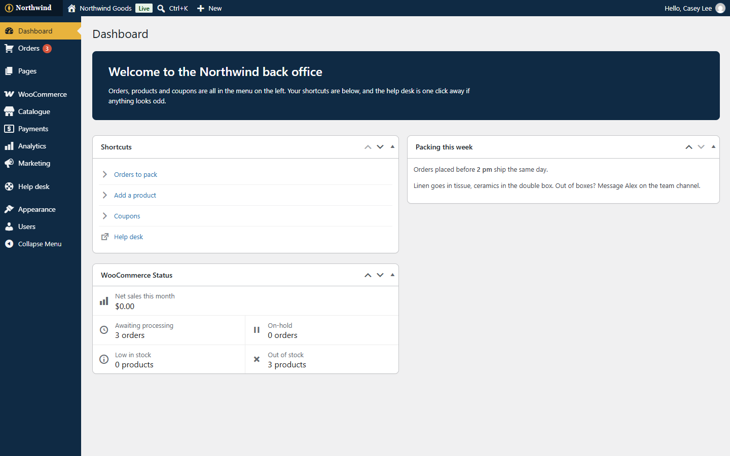 Your widgets and welcome panel on a Shop Manager's Dashboard