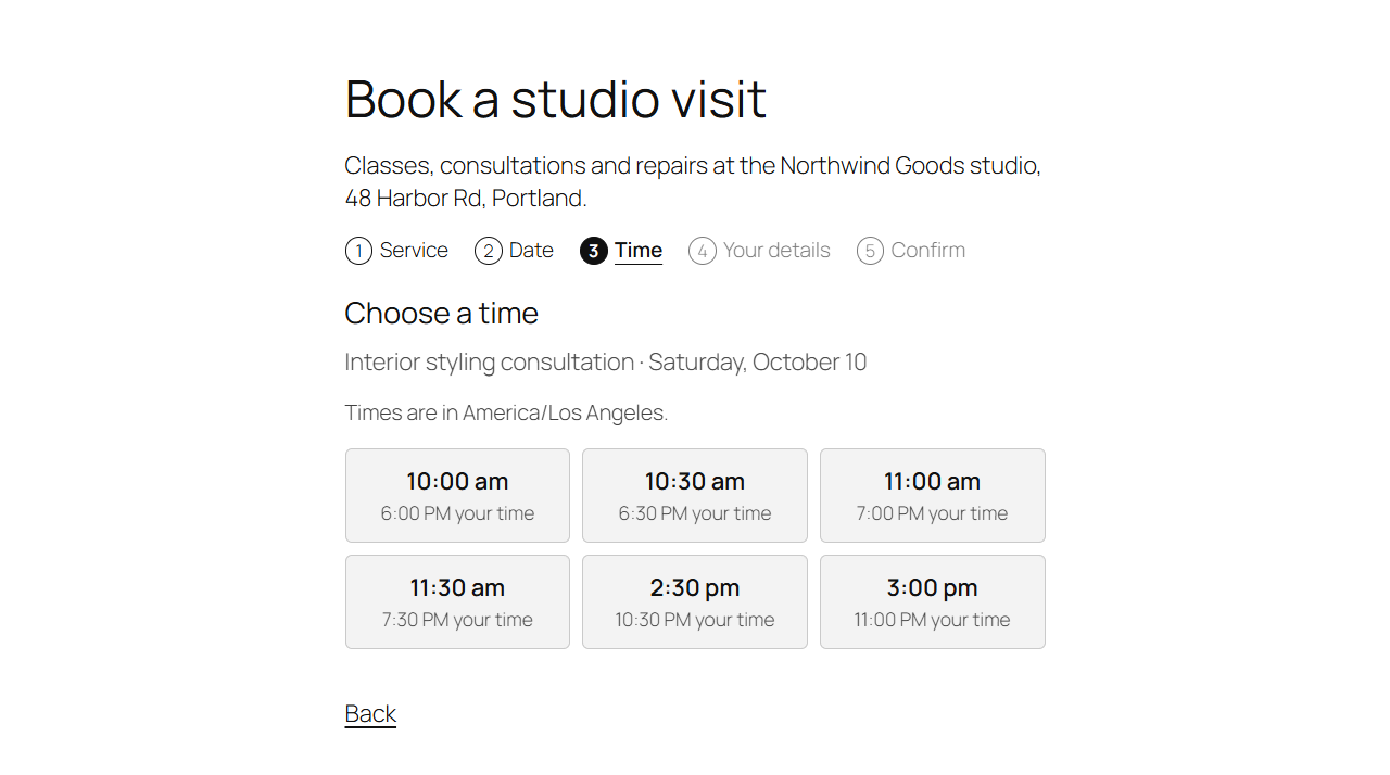 The booking form's time step
