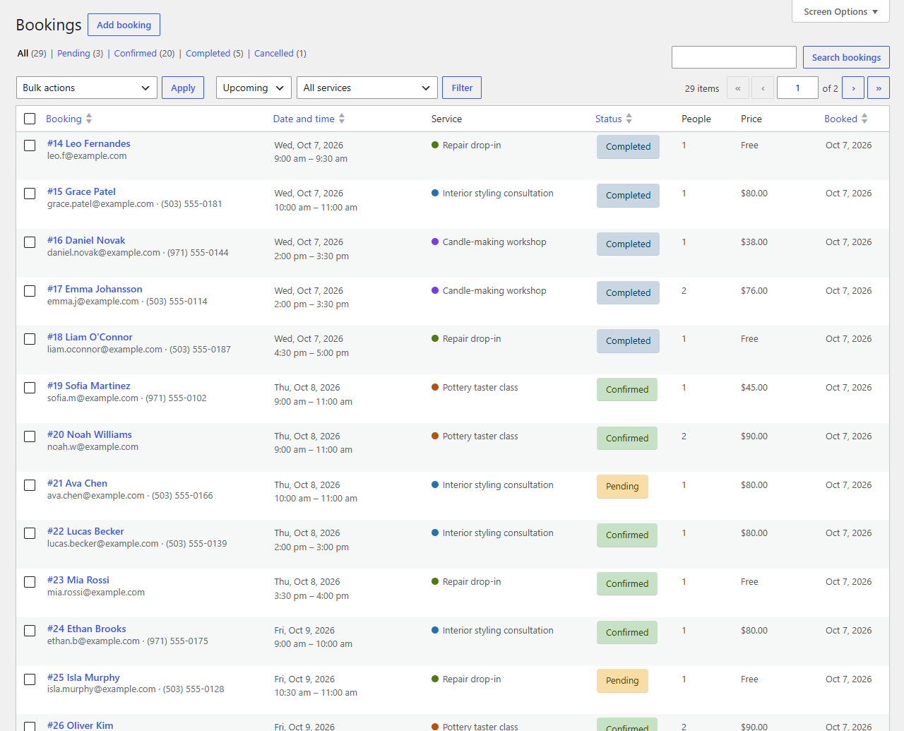 The bookings list