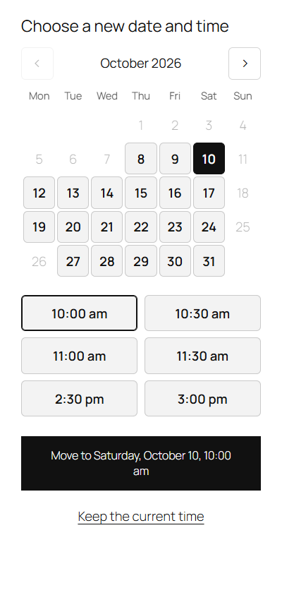 The customer's booking page